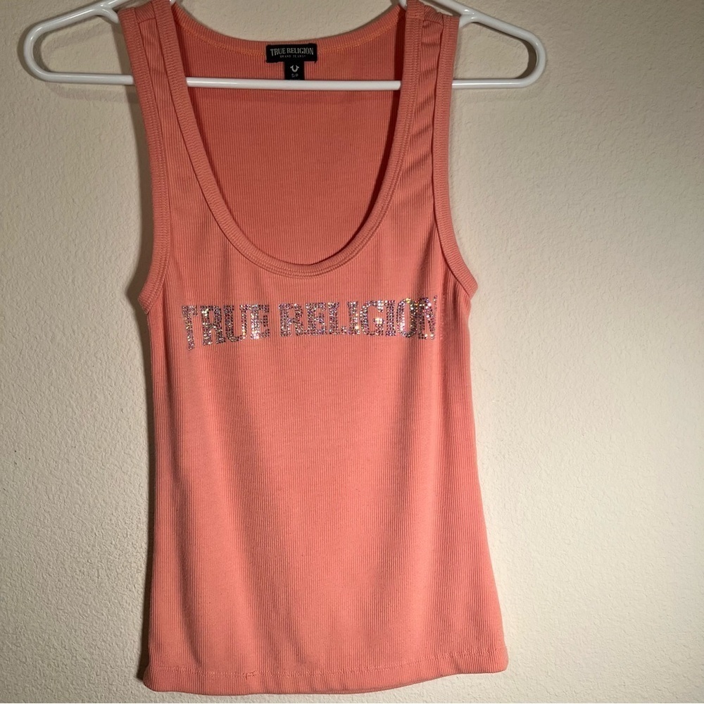 True Religion Pink Rhinestone Logo Ribbed Tank Top - Picture 3 of 6